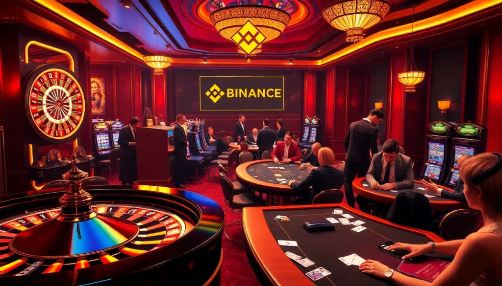 Experience the excitement of 바이낸스 회원가입 at a luxurious casino with vibrant roulette wheels and engaged poker players.