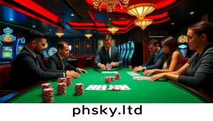 Engage in an exciting poker game at phsky.ltd, featuring vibrant chips, cards, and a roulette wheel backdrop.