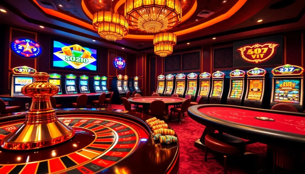 Gamble at GG88 Com with a vibrant casino setting showcasing roulette and poker tables.