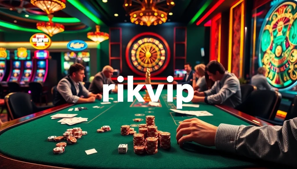 Exciting gambling scene at a luxurious casino featuring rikvip gaming tables.
