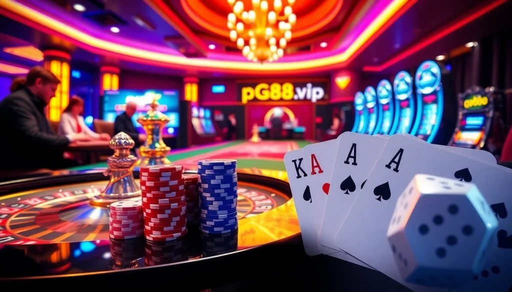 Engaging casino scene featuring pg88.vip with roulette and poker elements, encapsulating luxury and excitement.