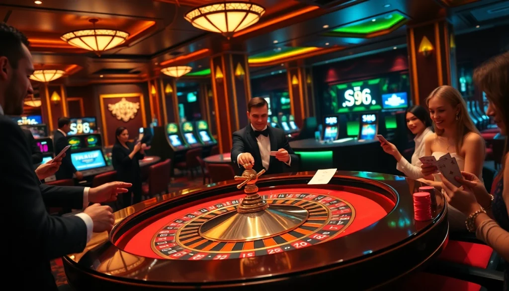 S8 Casino patrons eagerly placing bets at a glamorous roulette table in an upscale gaming environment.