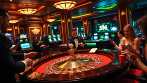 S8 Casino patrons eagerly placing bets at a glamorous roulette table in an upscale gaming environment.