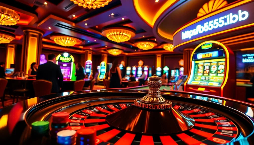 Experience the excitement of live gambling at BL555.link with a vibrant casino scene featuring roulette and jackpot slots.