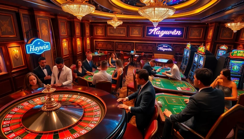 Players enjoying high-stakes gambling at a luxurious casino, featuring Haywin-themed elements.