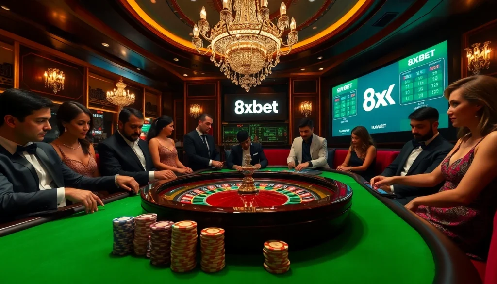 Experience thrilling gambling action at 8xbet's luxurious casino with roulette and poker.