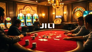 JILI poker table with players in a luxurious casino setting