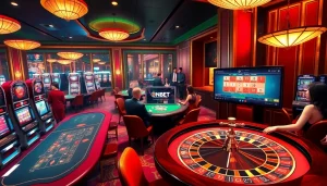 Engaged players at ONBET tables in a luxurious casino setting, showcasing excitement and strategy.