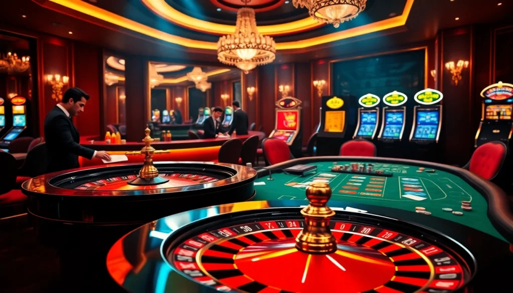 The excitement of high-stakes gambling at https://b52club.watch, featuring a vibrant casino scene with roulette and poker tables.