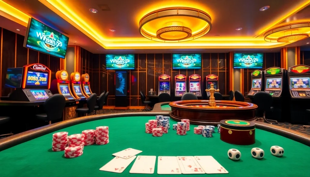 Experience the excitement of gaming at vipwin79.net with vibrant casino visuals, including poker and roulette tables.
