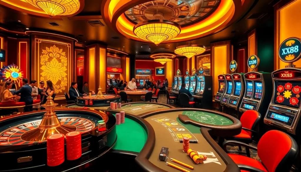 Experience the excitement of XX88 with luxurious casino tables and vibrant slot machines.