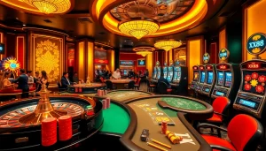 Experience the excitement of XX88 with luxurious casino tables and vibrant slot machines.