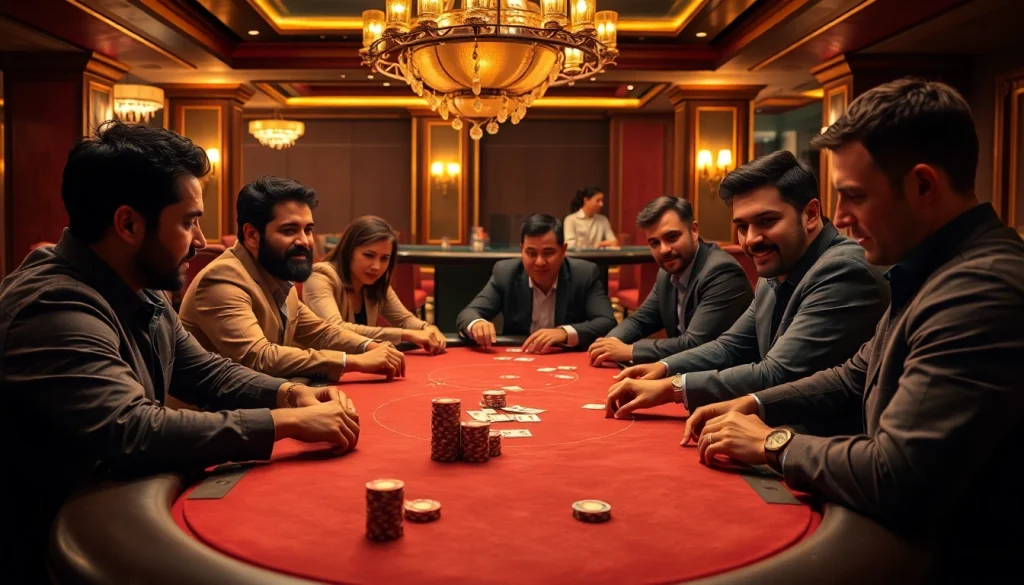 Players enjoying a thrilling poker game at 789BET's luxurious casino table, showcasing excitement.