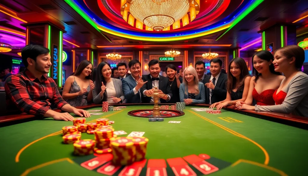 Engaging players enjoy the game tt88 at a lively poker table in a luxurious casino setting.