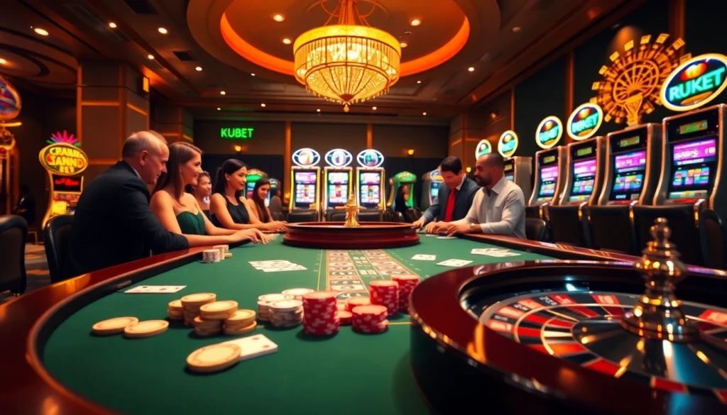 A thrilling moment at Kubet casino with players enjoying table games and slot machines.