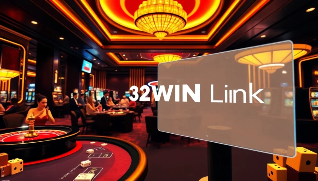 Experience the excitement of gambling with 32WIN Link at an elegant casino featuring tables and machines.