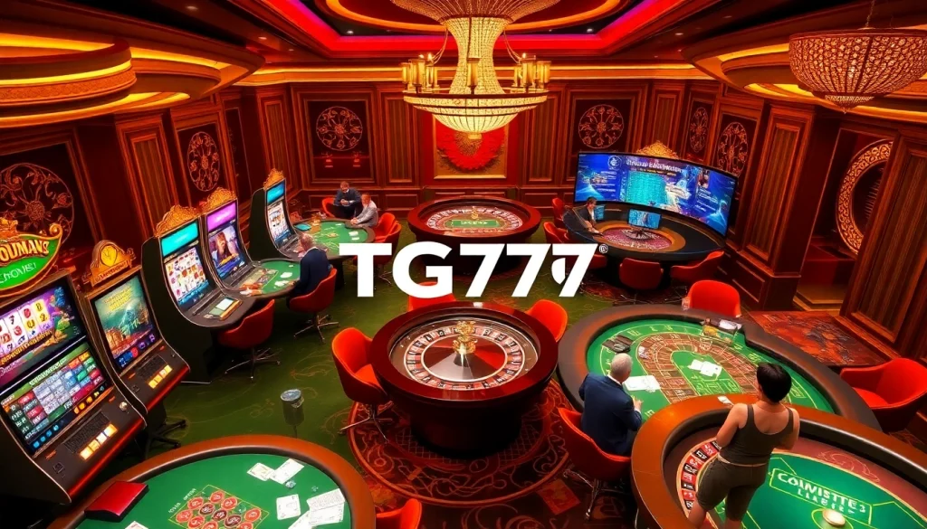 Engage with thrilling gaming action at TG777, featuring vibrant tables, cards, and players.