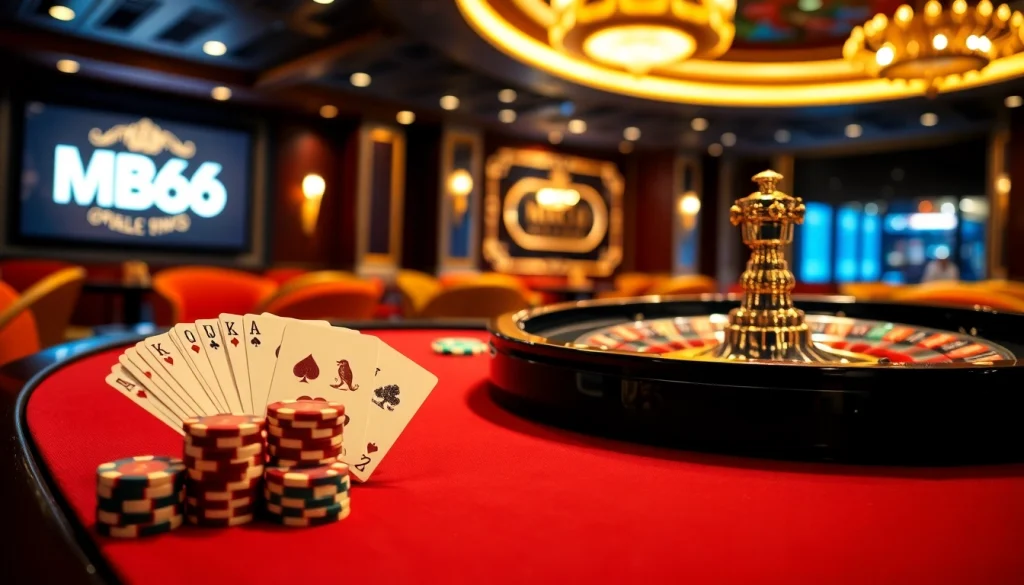 Engage with thrilling games at MB66 casino, featuring vibrant poker tables and elegant decor.