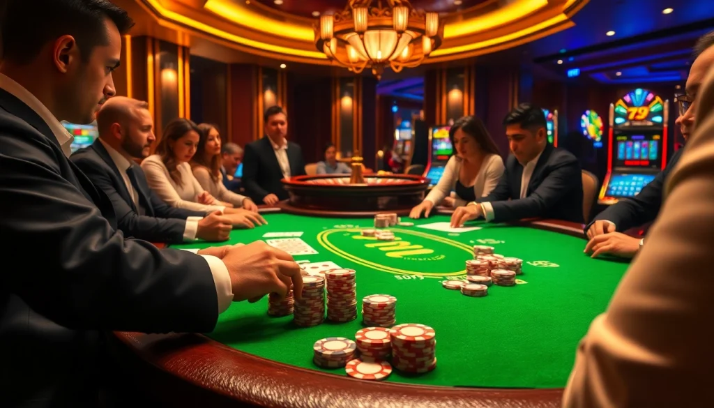 Players strategizing at a poker table in a luxurious casino setting featuring 79 king elements.