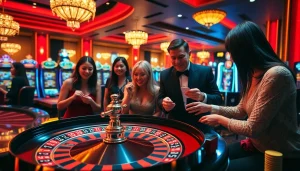 Players enjoying games at nhà cái bet88's luxurious casino, featuring roulette and poker.