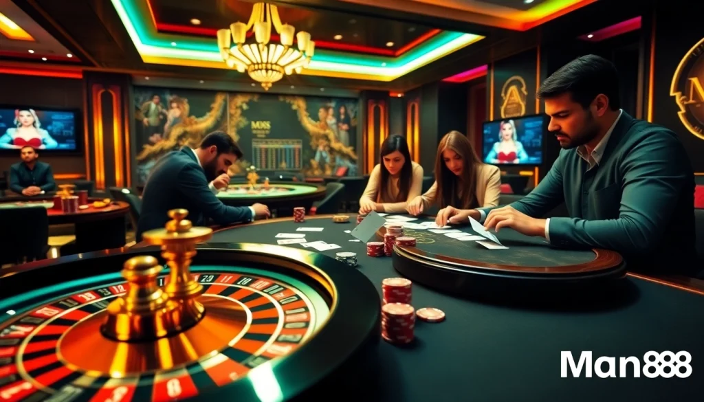 Man88 players engaging in a professional casino setting with poker chips and cards.