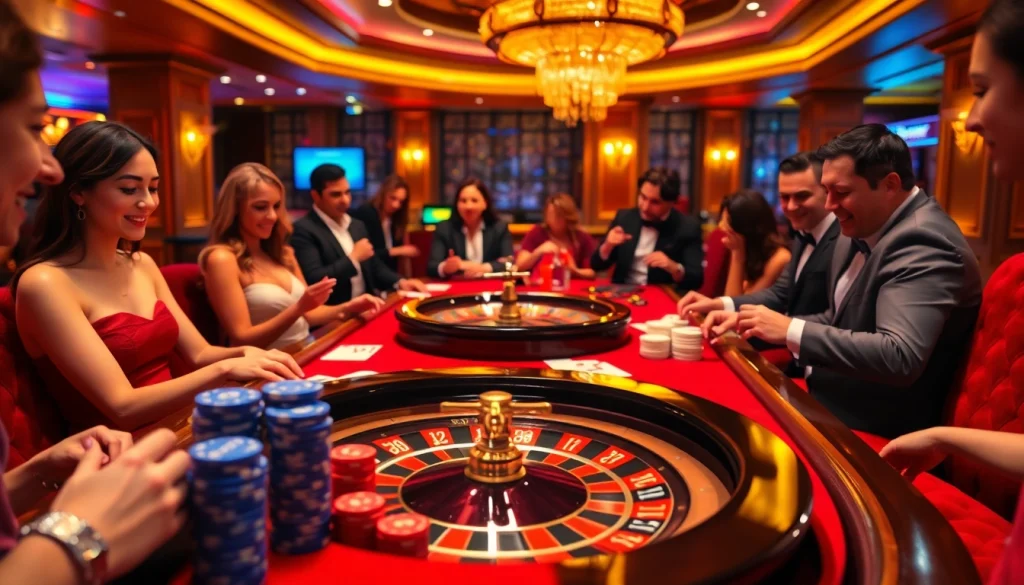 Gamblers enjoying J88 action at a vibrant casino table, immersed in game strategy.