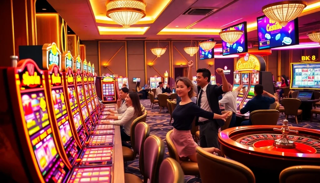 Exciting BK8 สล็อต gameplay showcasing colorful slot machines and lively casino atmosphere.