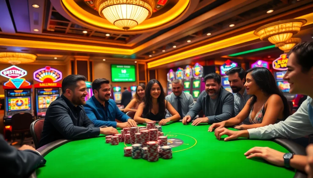 Exciting casino scene at fun79 with poker players, roulette, and vibrant slot machines.