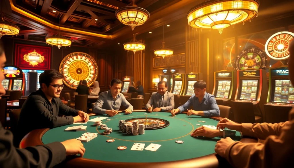 Experience the thrill of sv 388 at a luxurious casino with poker tables, chips, and vibrant slot machines.