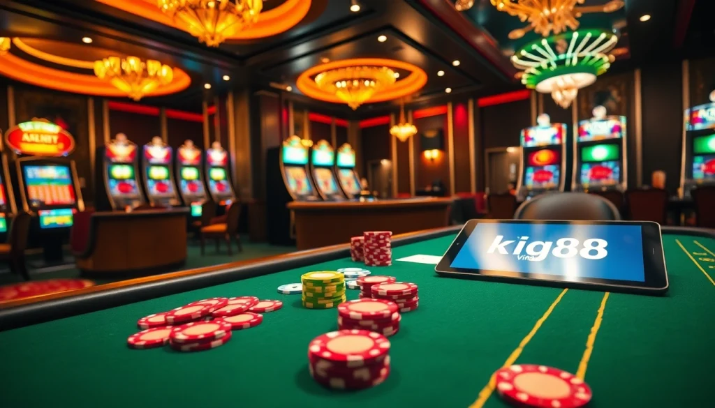 Experience the excitement of king88 vina with vibrant casino tables, colorful chips, and glowing slot machines.
