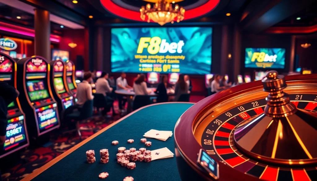 Experience the thrill of F8bet at a vibrant casino with exciting games, chips, and players around tables.