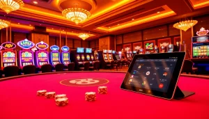 Vibrant casino scene with ABC8 gaming interface, poker chips, and slot machines.