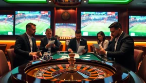 Tỷ lệ bóng đá 7m featured in a vibrant live betting casino scene with eager gamblers.