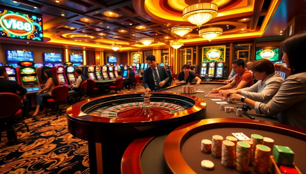 Excited gamblers engaging at a VJ88 roulette table, showcasing a luxurious casino atmosphere.