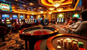 Excited gamblers engaging at a VJ88 roulette table, showcasing a luxurious casino atmosphere.