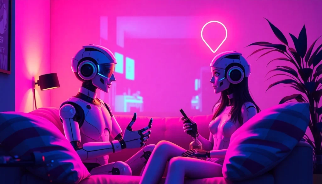 Engaging NSFW AI characters chatting in a cozy, neon-lit room, illustrating playful conversation.