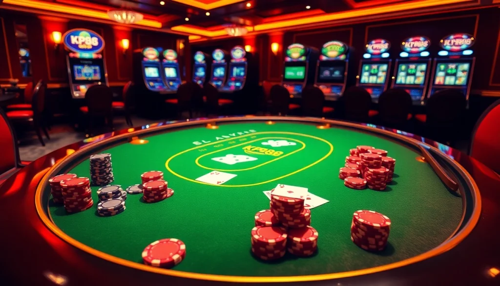 Engage in a thrilling game at KP88's luxury casino, featuring professional poker chips and cards.