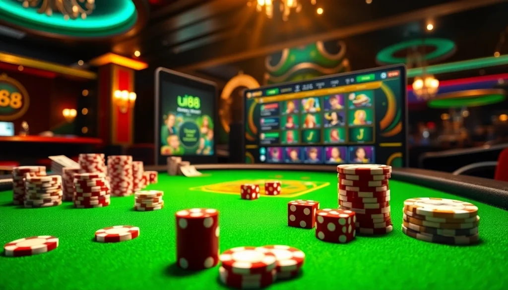 Experience the thrill of uu88 with vibrant casino elements, poker chips, and gaming excitement.