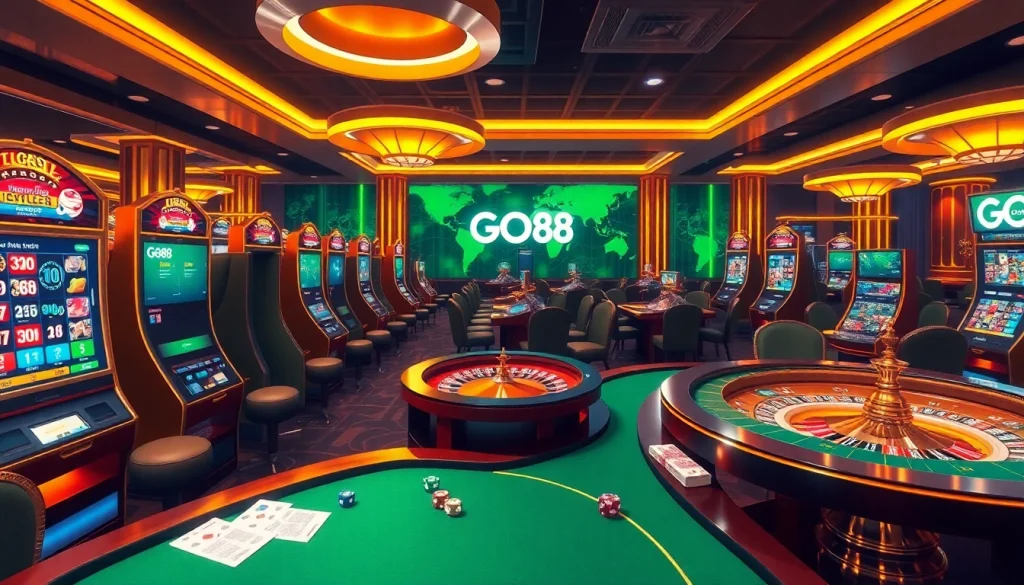 Experience a thrilling online casino with GO88, showcasing vibrant slot machines and poker tables gaming excitement.