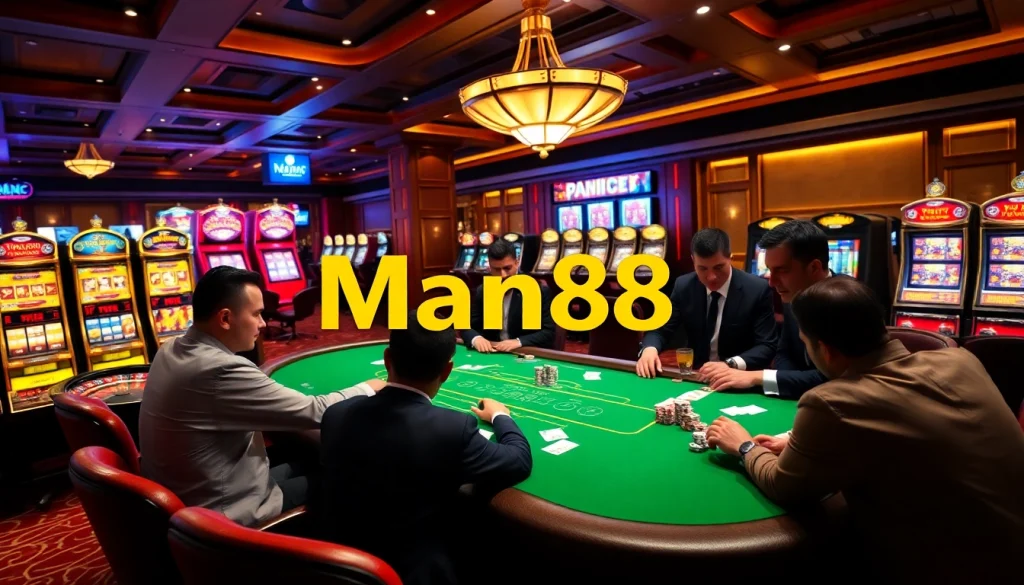 Players enjoying a thrilling poker game at Man88's luxurious casino.
