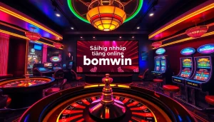 Engage with Đăng nhập bomwin on an immersive online casino platform featuring vibrant slot machines and poker tables.
