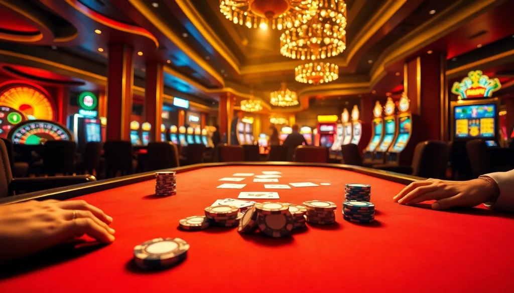 Engage in an exhilarating game at Link LC88 with poker chips and cards in a luxurious casino setting.
