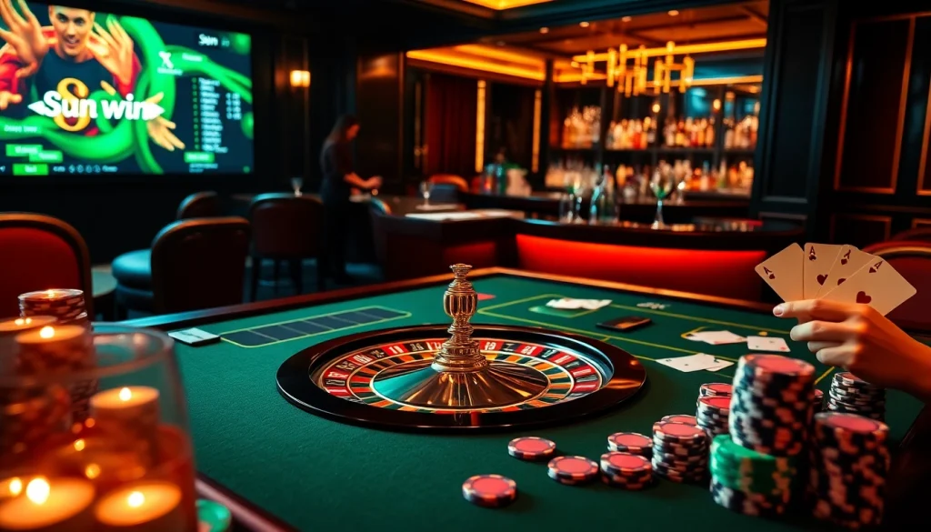 Experience the thrill of sun win at an upscale casino table with poker chips and roulette.
