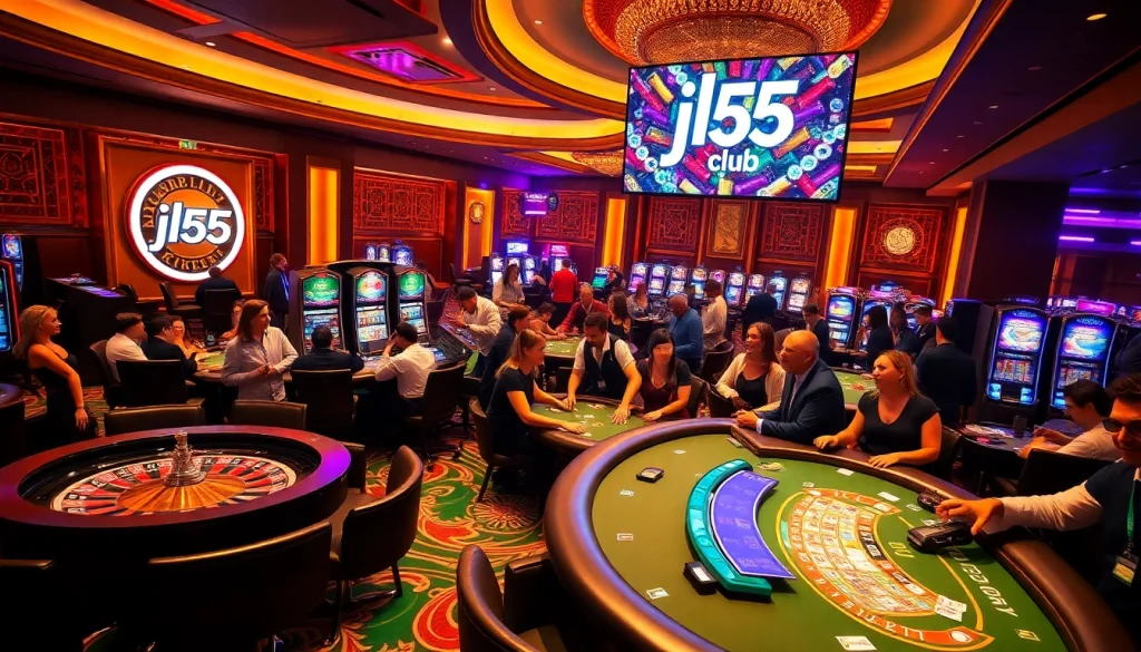 Engage in thrilling games at jl55 club's vibrant casino, featuring luxurious tables and excited players.