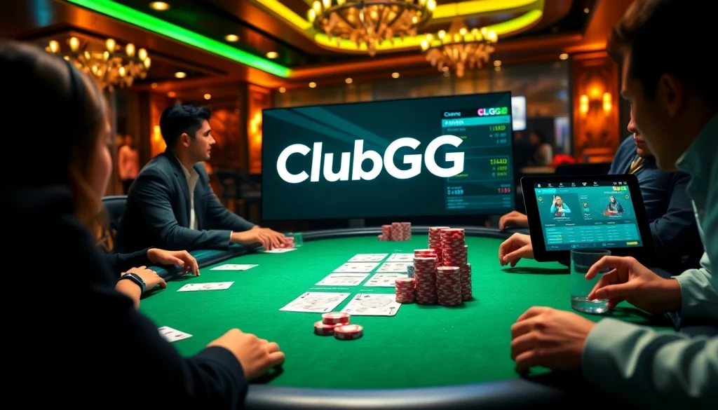 Engage with ClubGG in an exciting poker game featuring players, cards, and chips.