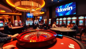 Engaging scene of players at the casino with kkwin on display, showcasing excitement and high-stakes gaming.