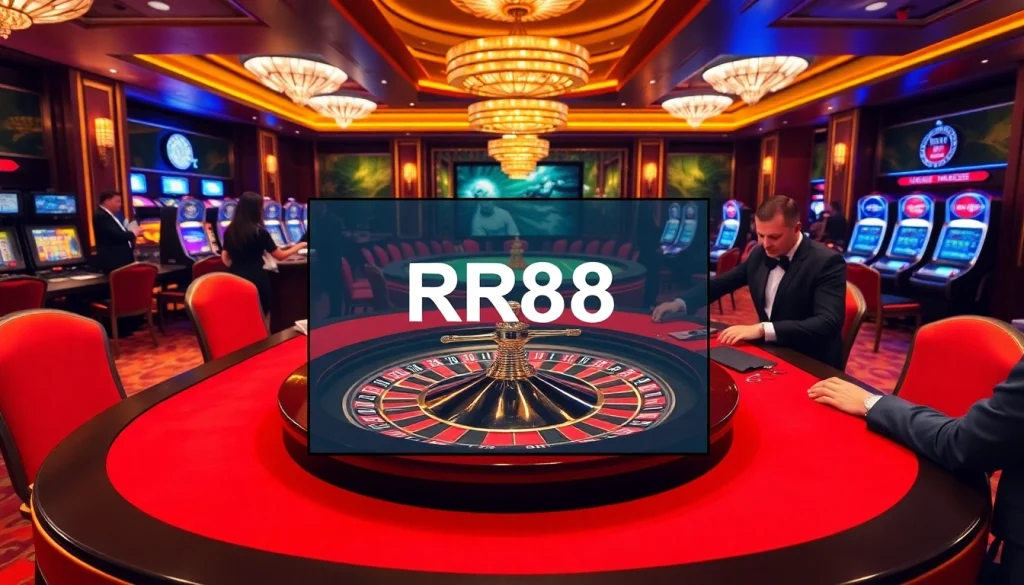 Experience high-stakes gaming at RR88's luxurious casino tables with players enjoying roulette.