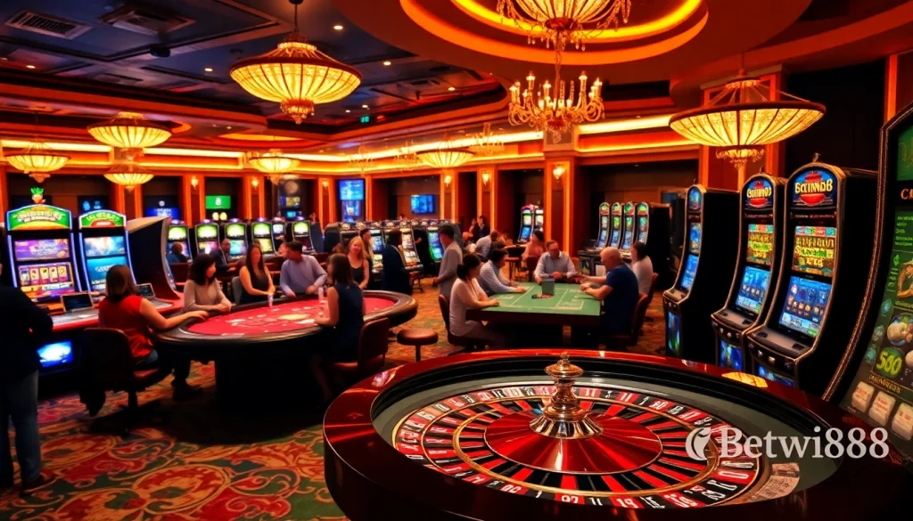 Betwin88 players enjoying an exciting casino atmosphere with poker chips and roulette.