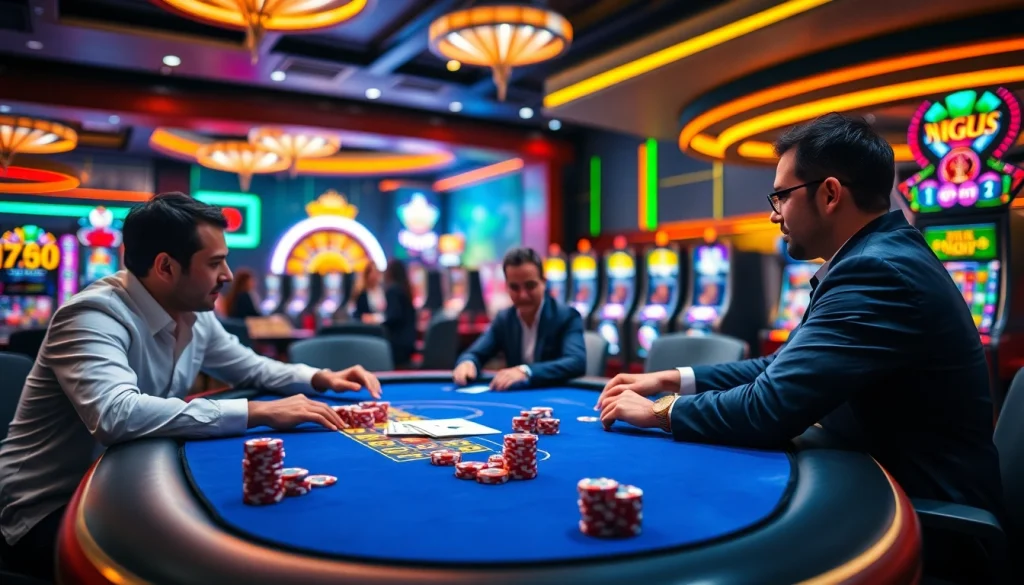 VJ88 casino experience with poker players, vibrant slot machines, and roulette wheel.