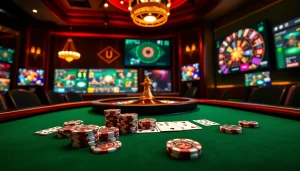 Experience high-stakes excitement at U888's glamorous poker table with elite players and vibrant casino elements.